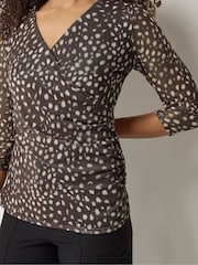 M&Co Brown 3/4 Sleeve Mesh Wrap Top - Image 4 of 5