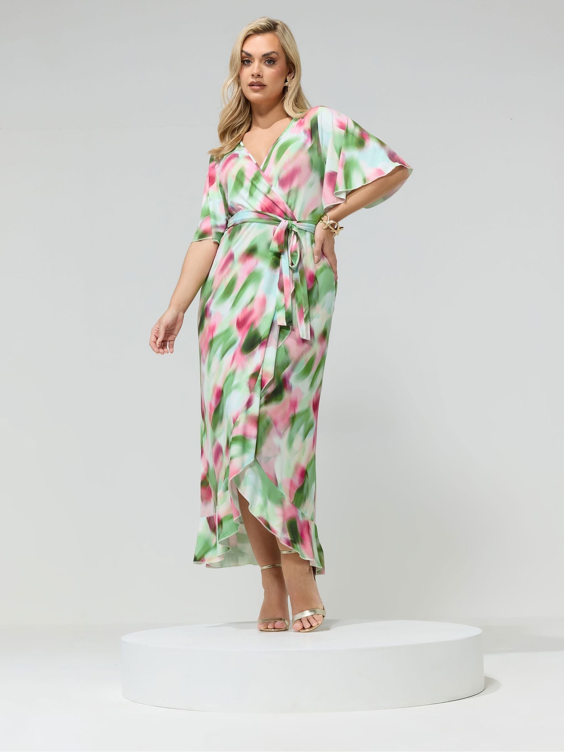 Yours Curve Women's Green Blurred Wrap Ruffle Dress