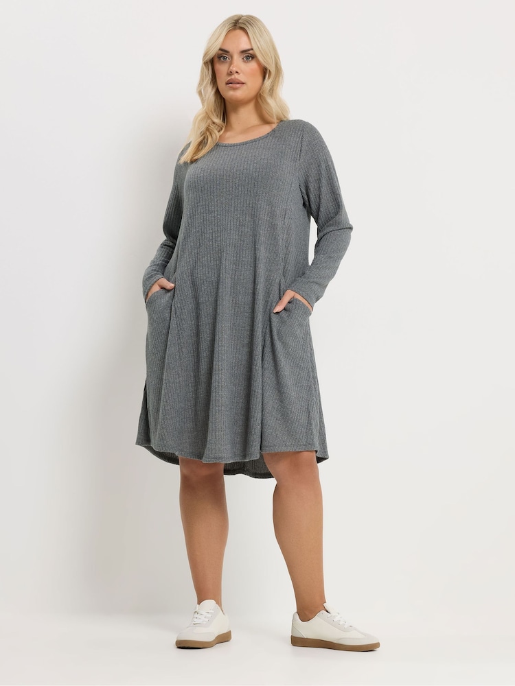 Yours Curve Grey Soft Touch Ribbed Pocket Dress - Image 1 of 5