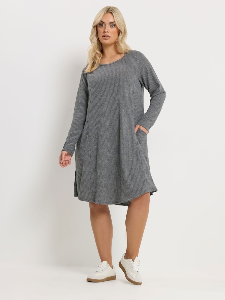 Yours Curve Grey Soft Touch Ribbed Pocket Dress - Image 2 of 5