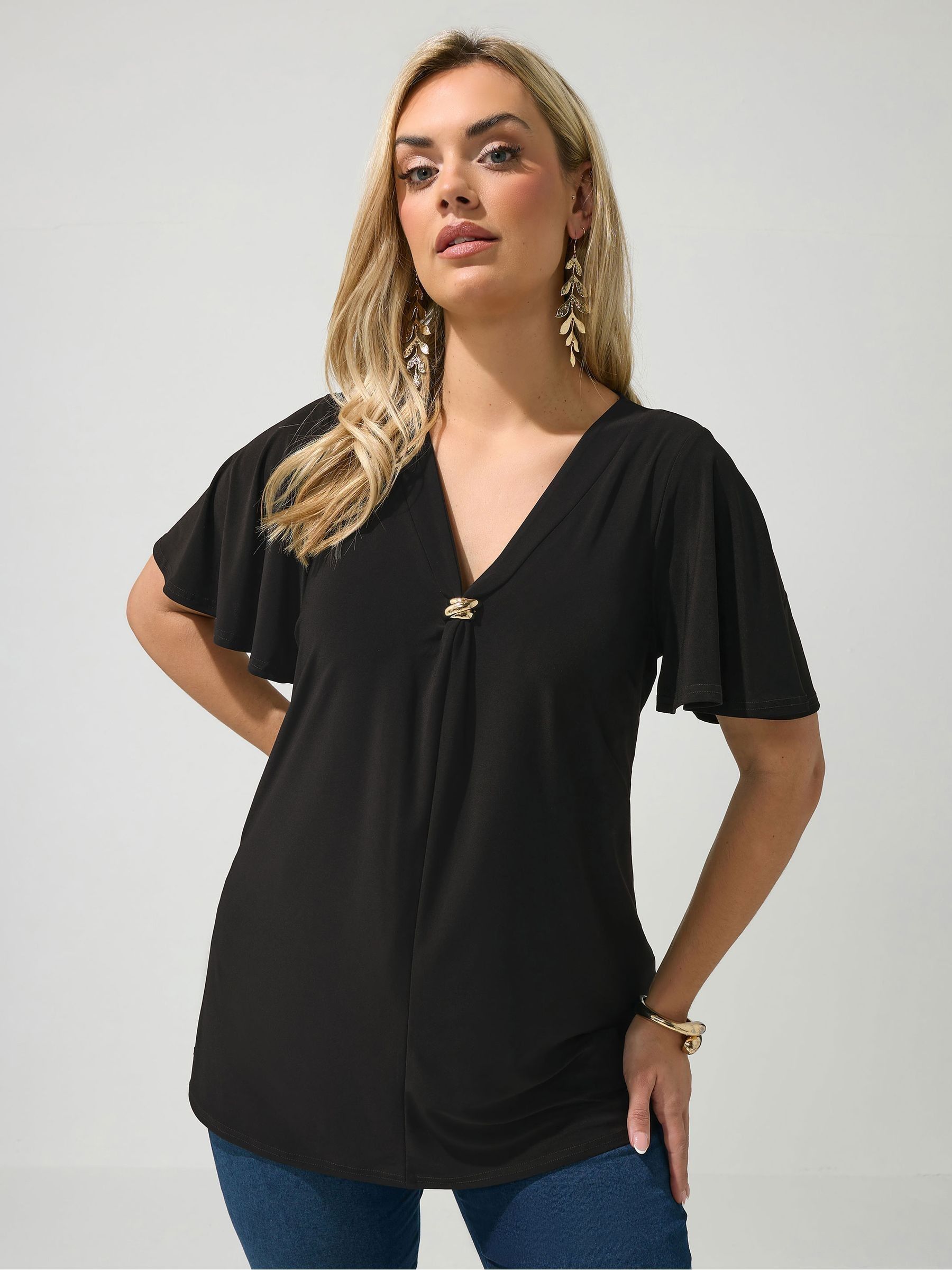 Yours Curve Women's Black Buckle V-Neck Swing Top