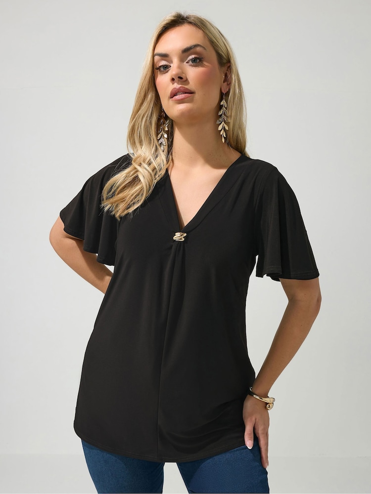 Yours Curve Black London Buckle V-Neck Swing Top - Image 1 of 5