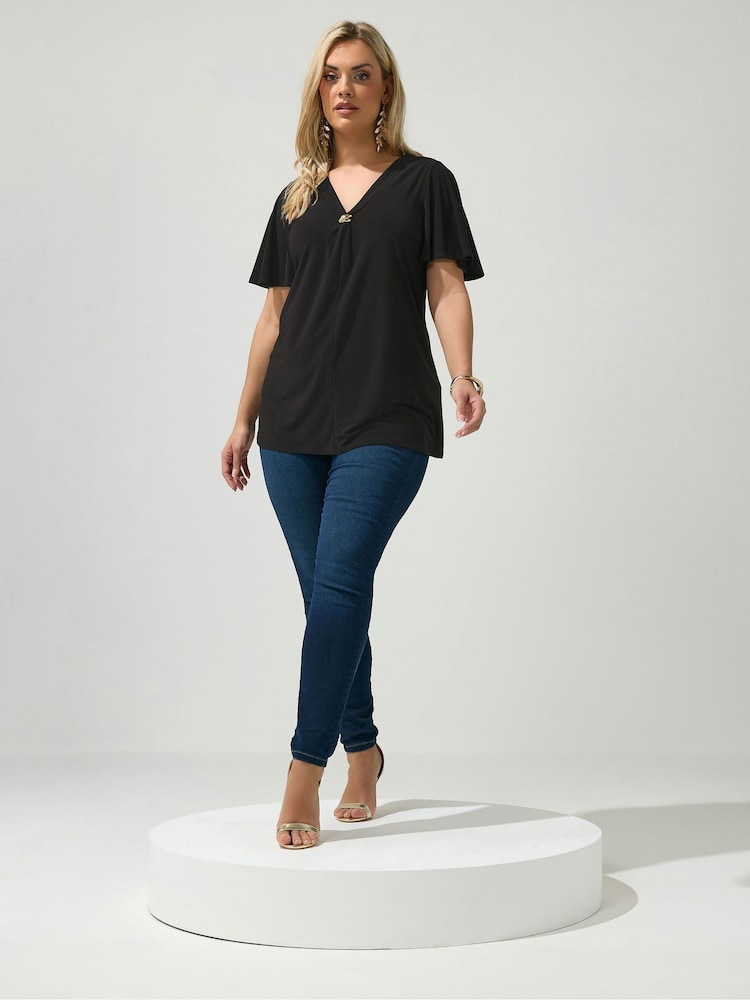 Yours Curve Black London Buckle V-Neck Swing Top - Image 2 of 5