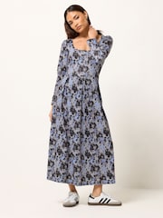 PixieGirl Petite Black Abstract Long Sleeve Pleated Midi Dress - Image 2 of 5