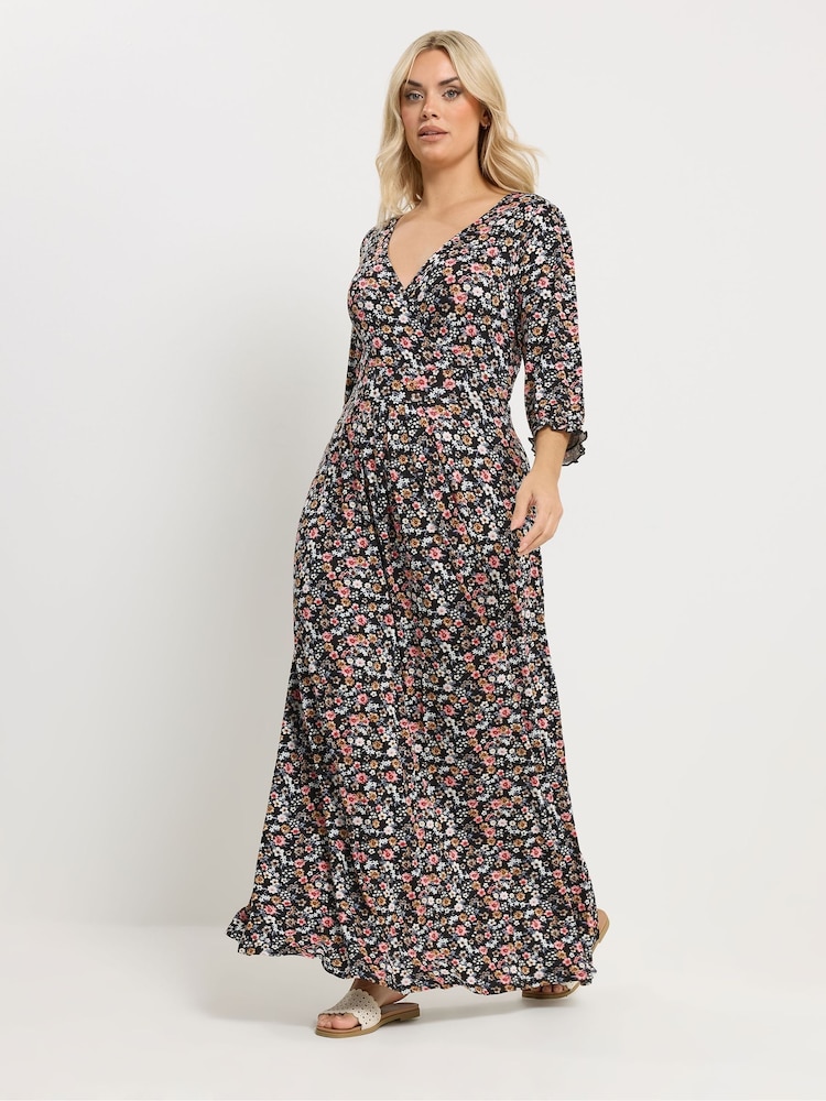 Yours Curve Black Floral Wrap Dress - Image 1 of 5