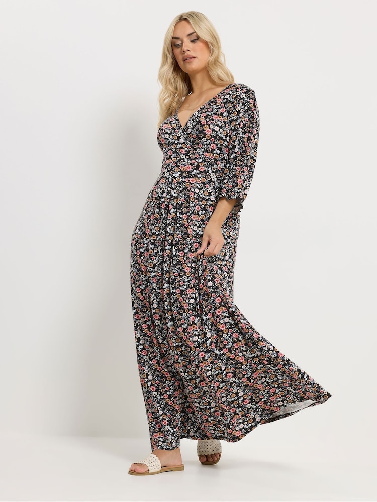 Yours Curve Black Floral Wrap Dress - Image 2 of 5