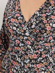 Yours Curve Black Floral Wrap Dress - Image 4 of 5