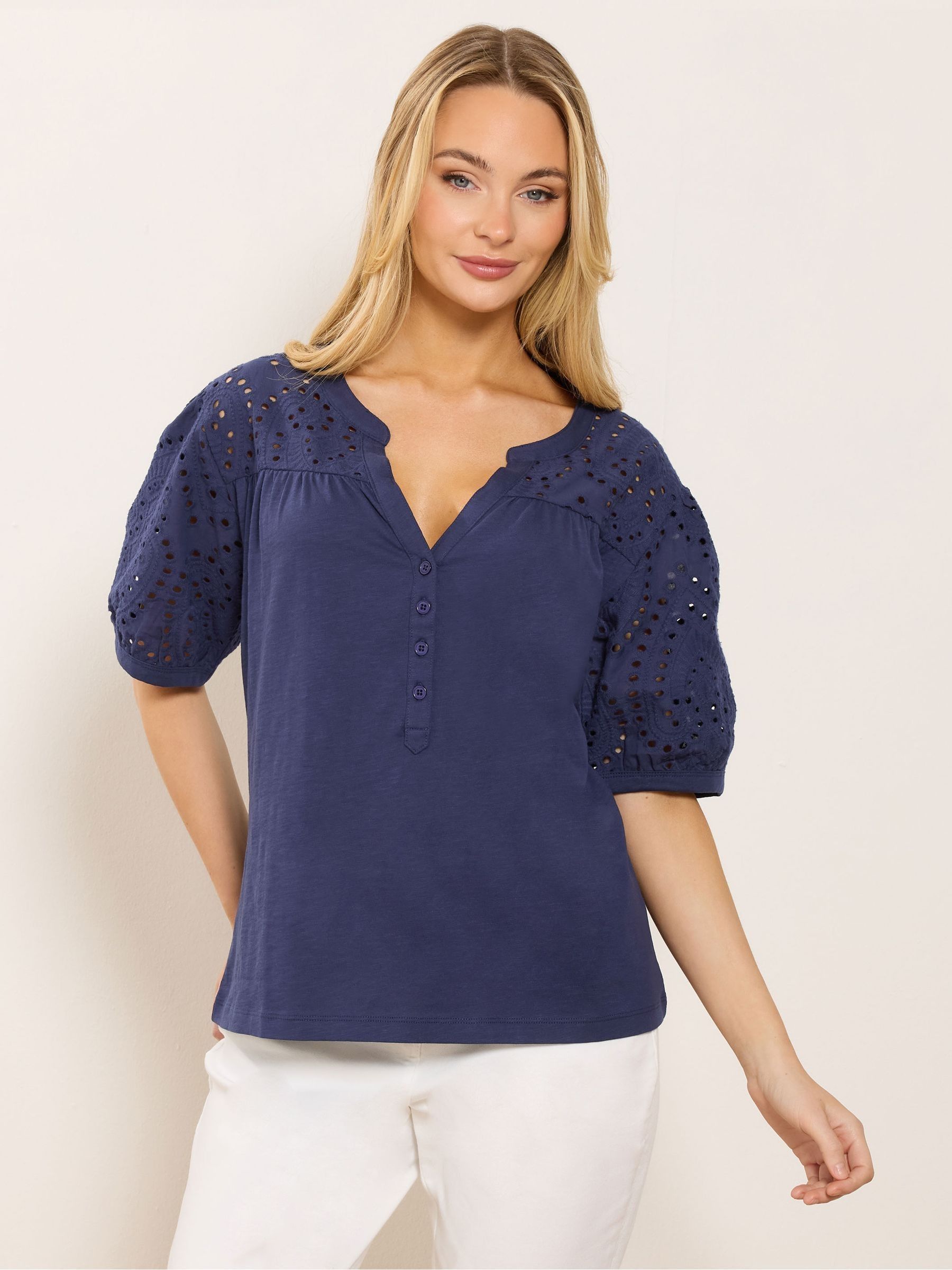 M&Co Women's Mid Navy Broderie Cotton Half Placket Top In | Size: 18 - Image 2