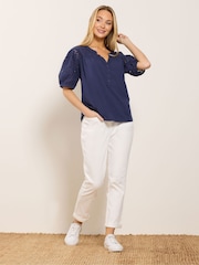 أزرق - M&Co Broderie Half Placket Top - صورة 3 من 5