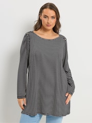 Yours Curve Black Stripe Studded Detail T-Shirt - Image 1 of 5