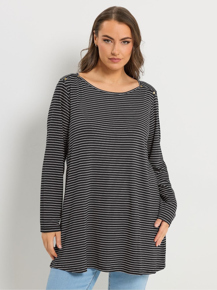 Yours Curve Black Stripe Studded Detail T-Shirt - Image 1 of 5