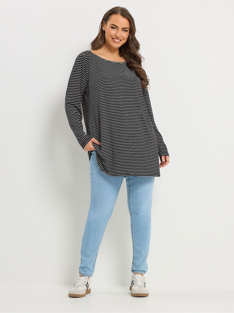 Yours Curve Black Stripe Studded Detail T-Shirt - Image 2 of 5