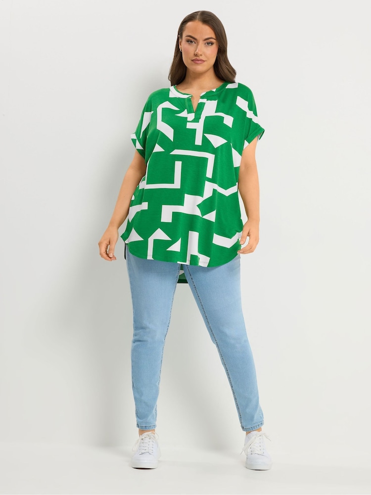 Yours Curve Green Abstract Notch Neck Top - Image 2 of 5