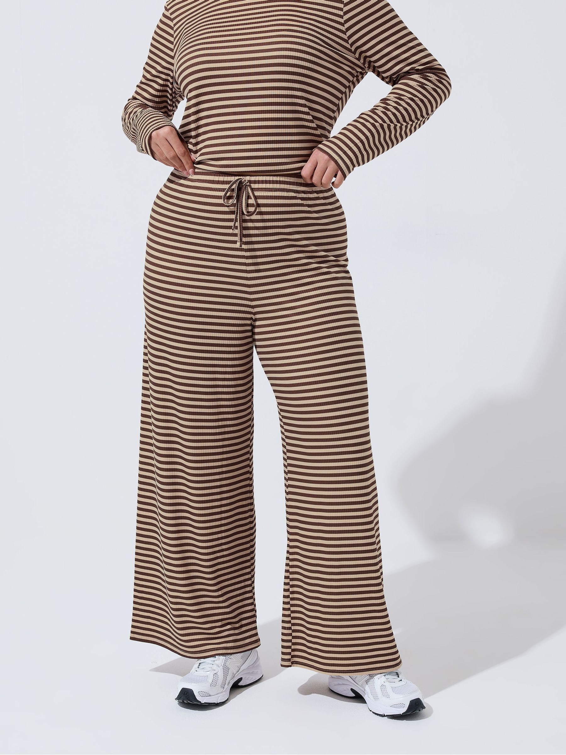 Yours Curve Women's Brown Limited Stripe Printed Ribbed Trousers