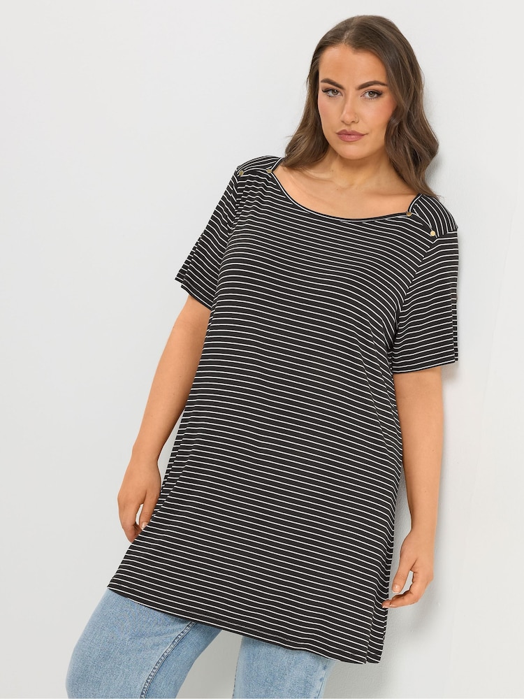 Yours Curve Black Stripe Studded Detail T-Shirt - Image 1 of 5