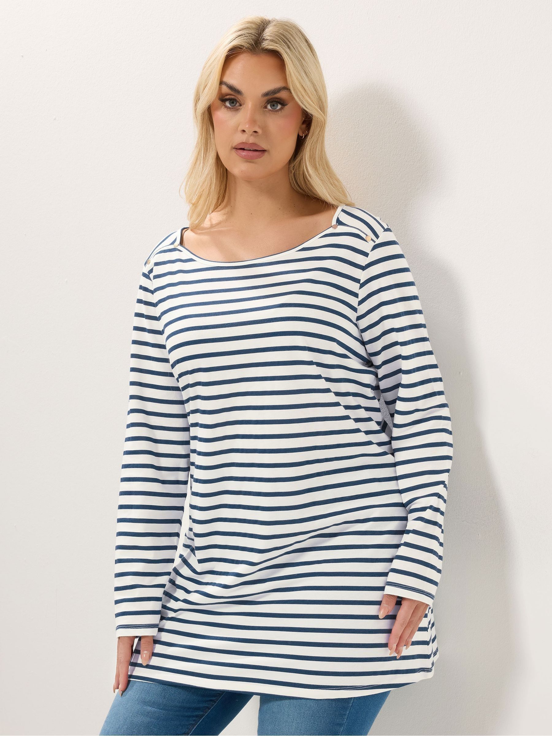 Yours Curve Women's White Long Sleeve Stripe Yoke Detail T-Shirt