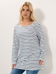 Yours Curve White Long Sleeve Stripe Yoke Detail T-Shirt - Image 1 of 5