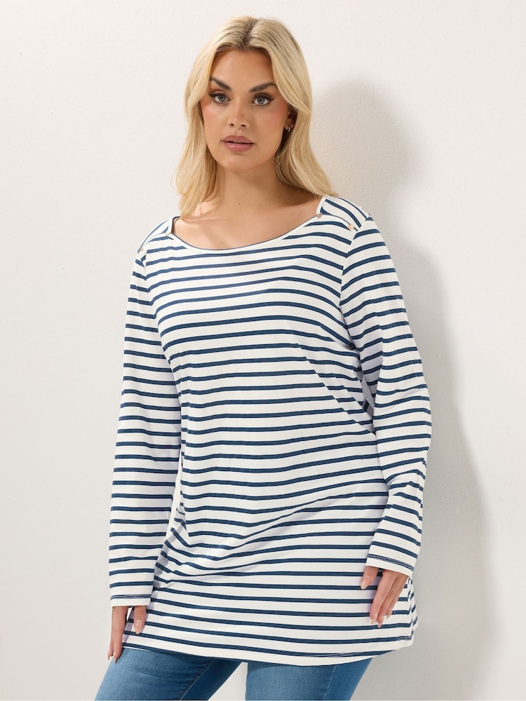 Yours Curve White Long Sleeve Stripe Yoke Detail T-Shirt - Image 1 of 5 Yours Curve White Long Sleeve Stripe Yoke Detail T-Shirt - Image 1 of 5