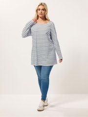 Yours Curve White Long Sleeve Stripe Yoke Detail T-Shirt - Image 2 of 5