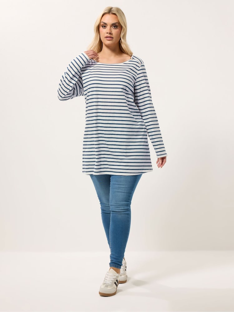 Yours Curve White Long Sleeve Stripe Yoke Detail T-Shirt - Image 2 of 5 Yours Curve White Long Sleeve Stripe Yoke Detail T-Shirt - Image 2 of 5