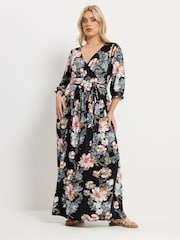 Yours Curve Black Floral V-Neck Wrap Dress - Image 1 of 5
