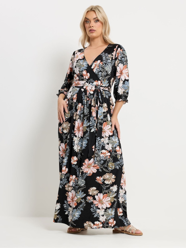 Yours Curve Black Floral V-Neck Wrap Dress - Image 1 of 5