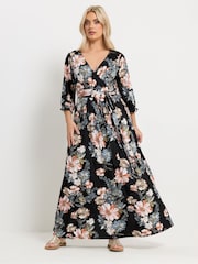 Yours Curve Black Floral V-Neck Wrap Dress - Image 2 of 5