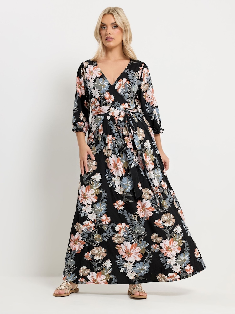 Yours Curve Black Floral V-Neck Wrap Dress - Image 2 of 5