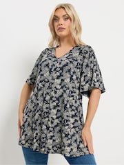 Yours Curve Blue Pleated Front Blouse - Image 1 of 5