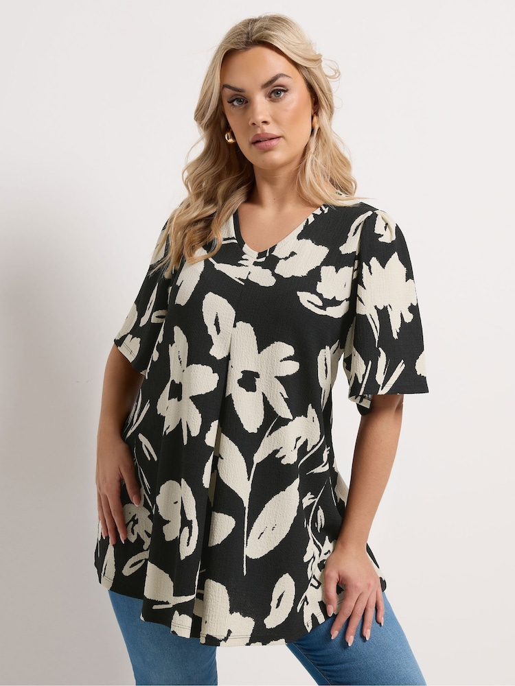 Yours Curve Black Textured Pleated Front Blouse - Image 1 of 5