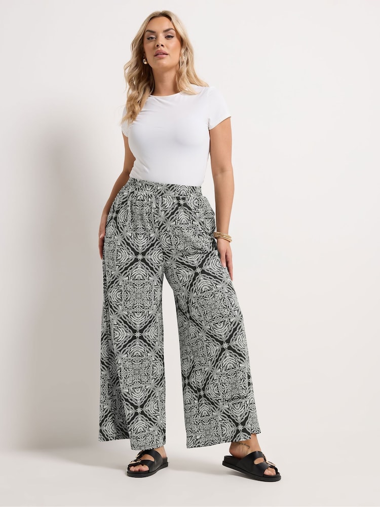 Yours Curve Black Textured Wide Leg Trousers - Image 1 of 5
