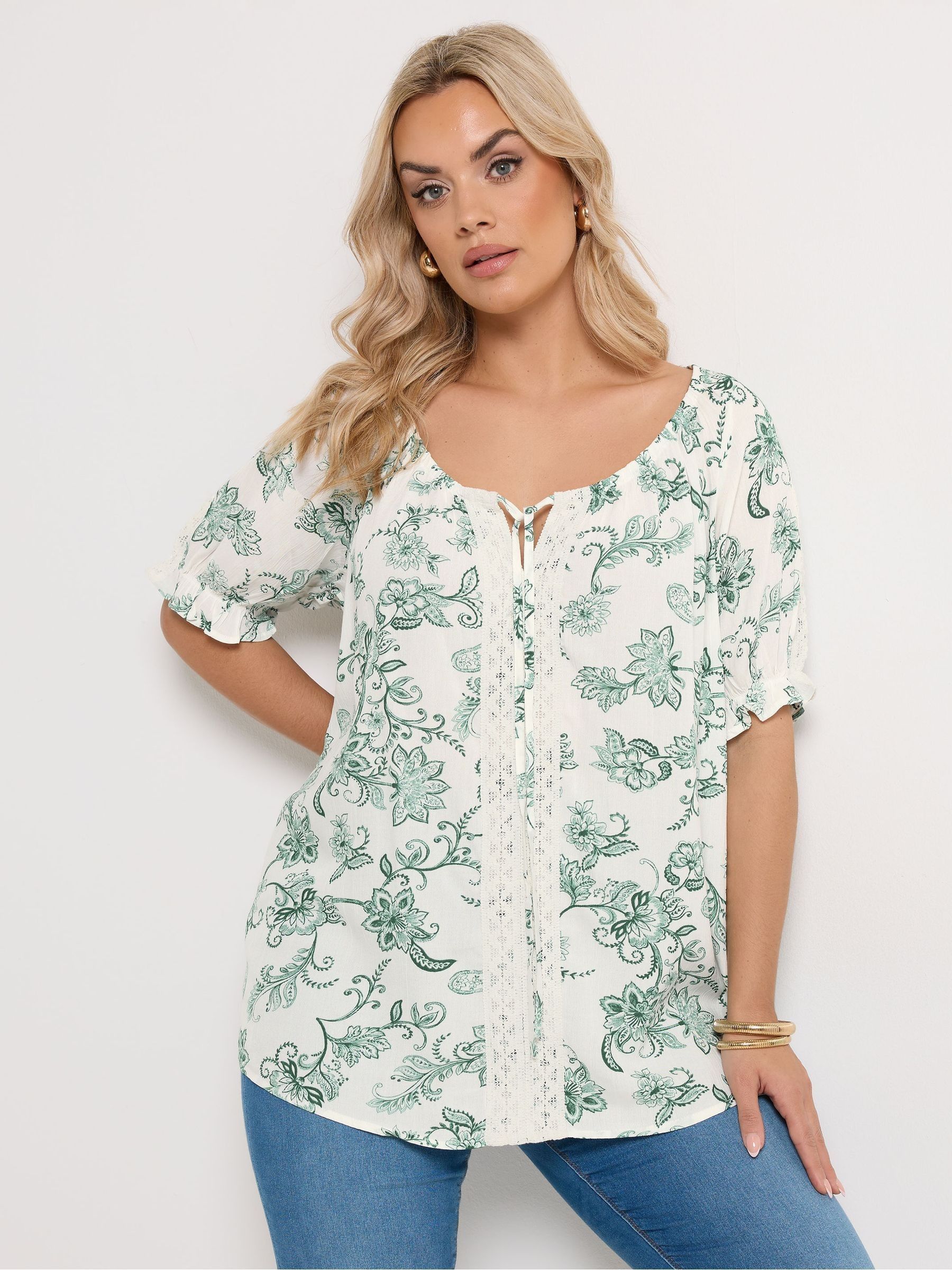 Yours Curve Green Floral Crochet Top - Women's - Plus Size Curve - Image 2