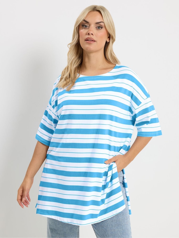 Yours Curve Blue Stripe T-Shirt - Image 1 of 5