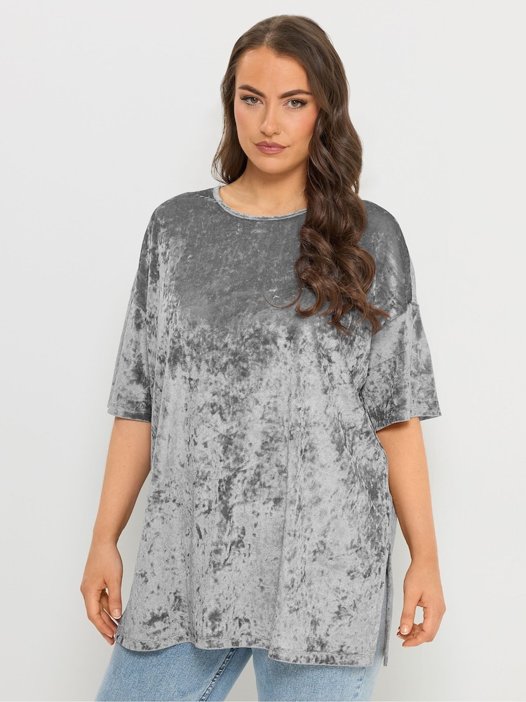 Yours Curve Grey Velour Drop Shoulder Sleeve Top - Image 1 of 5
