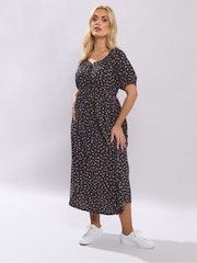 Yours Curve Black Ditsy Floral Midi Dress - Image 1 of 5