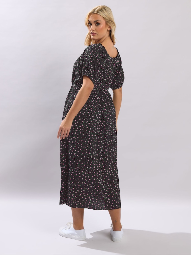 black ditsy print milkmaid midi dress Apricot Black Milkmaid Ditsy Print Midi Dress