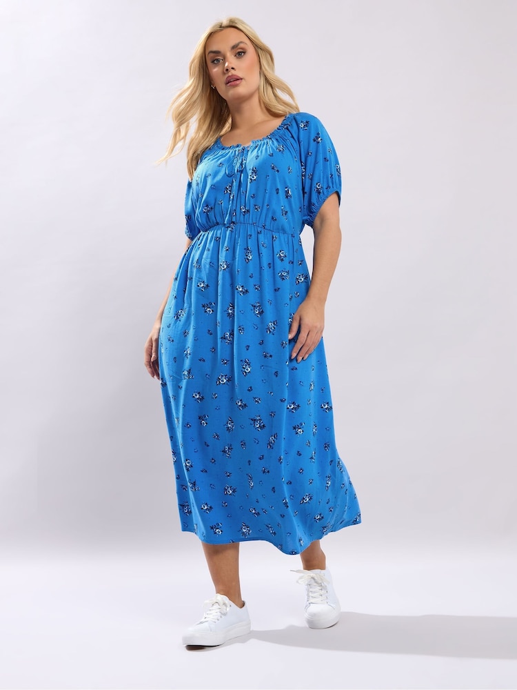 Yours Curve Blue Ditsy Floral Midi Dress - Image 1 of 5