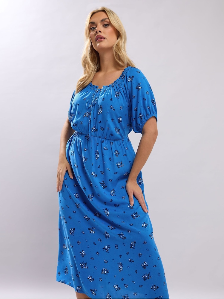 Yours Curve Blue Ditsy Floral Midi Dress - Image 2 of 5