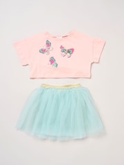 Miss Baby Pink Bow Applique Short Sleeve T-Shirt And Tutu Skirt Outfit Set - Image 1 of 5
