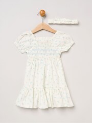Miss Blue Ditsy Smocked Embroidery Dress With Matching Headband Set - Image 1 of 5