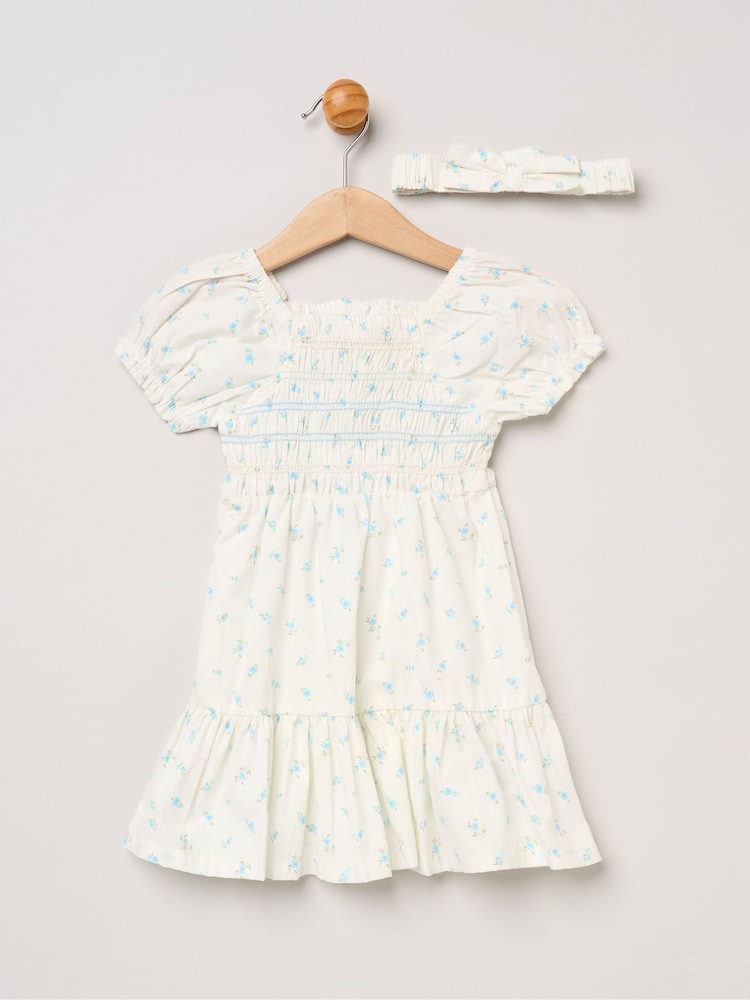 Miss Blue Ditsy Smocked Embroidery Dress With Matching Headband Set - Image 1 of 5 Miss Blue Ditsy Smocked Embroidery Dress With Matching Headband Set - Image 1 of 5