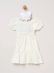 Miss Blue Ditsy Smocked Embroidery Dress With Matching Headband Set - Image 5 of 5
