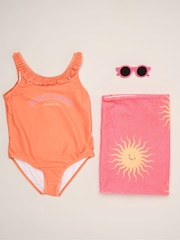 Miss Orange Stripe Swimsuit With Flower Towel And Sunglasses Set - Image 1 of 5
