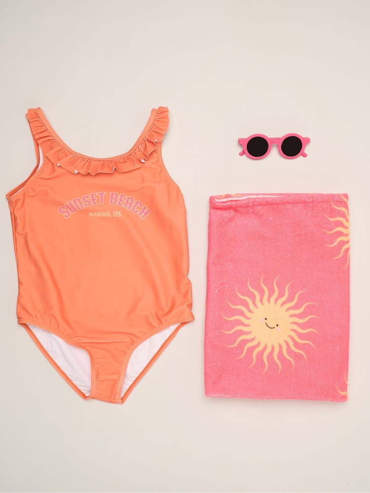 Miss Orange Stripe Swimsuit With Flower Towel And Sunglasses Set - Image 1 of 5