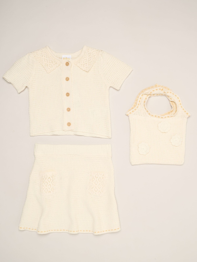 Miss White Crochet Set With Knit Top, Skirt & Floral Bag 3 Piece - Image 1 of 6