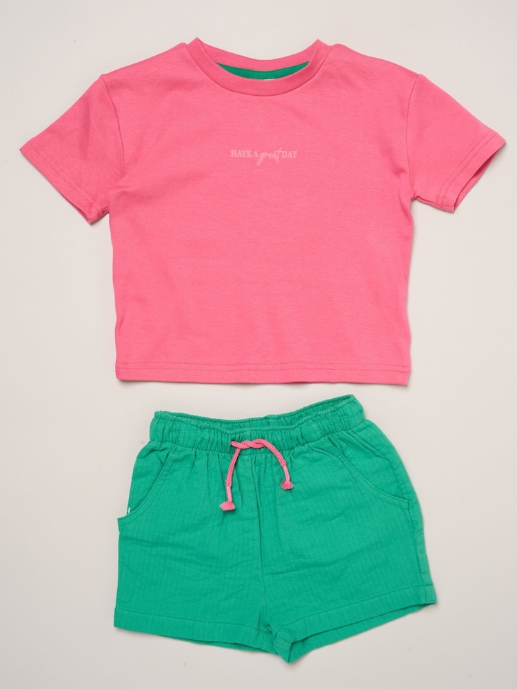 Miss Pink Short Sleeve Printed T-Shrit And Woven Crepe Shorts Outfit Set - Image 1 of 5 Miss Pink Short Sleeve Printed T-Shrit And Woven Crepe Shorts Outfit Set - Image 1 of 5