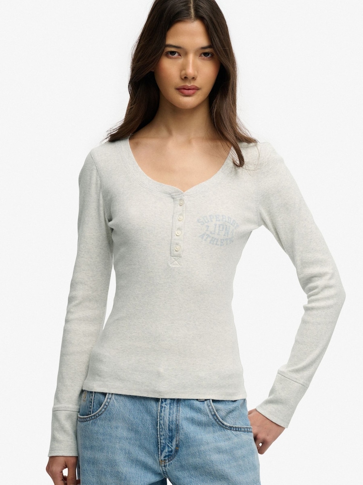 Superdry Grey Athletic Button Down Long Sleeve Top - Image 1 of 6