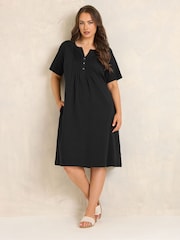 Evans Black Short Sleeve Knee Length Henley Dress - Image 1 of 5