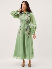 Monsoon Green Orla Floral Embroidered Midi Shirt Dress - Image 1 of 5