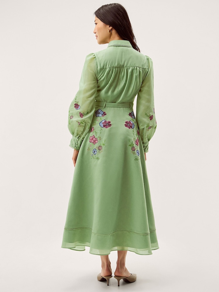 Monsoon Green Orla Floral Embroidered Midi Shirt Dress - Image 2 of 5
